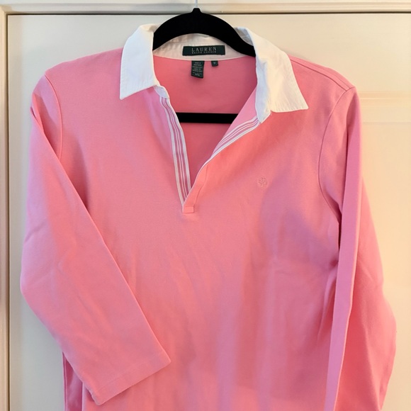 Lauren Ralph Lauren Women’s Pink and White Cotton Long Sleeve Polo Shirt - Picture 3 of 8